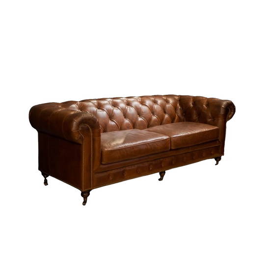 Chesterfield Aged Full Grain Leather 3 Seater Brown